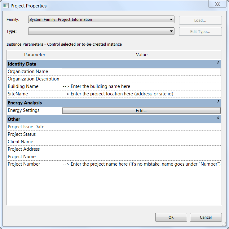 Revit Project Information dialog filled with information for IFC
